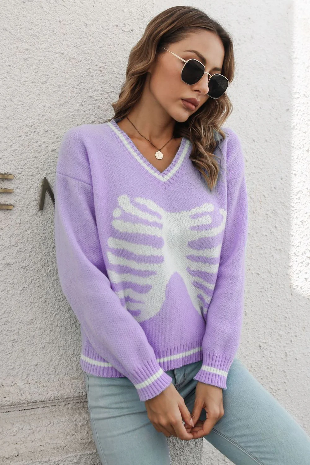 Skeleton Pattern V-Neck Long Sleeve Pullover Sweater - Image 4