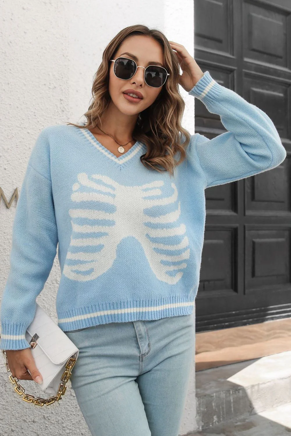 Skeleton Pattern V-Neck Long Sleeve Pullover Sweater - Image 5