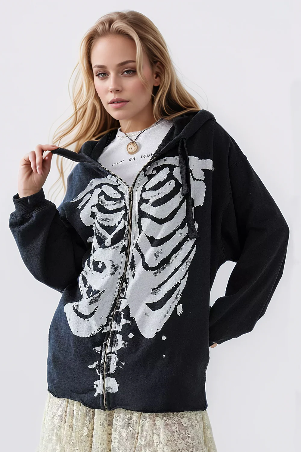 Skeleton Zip Up Drawstring Hoodie - Image 4