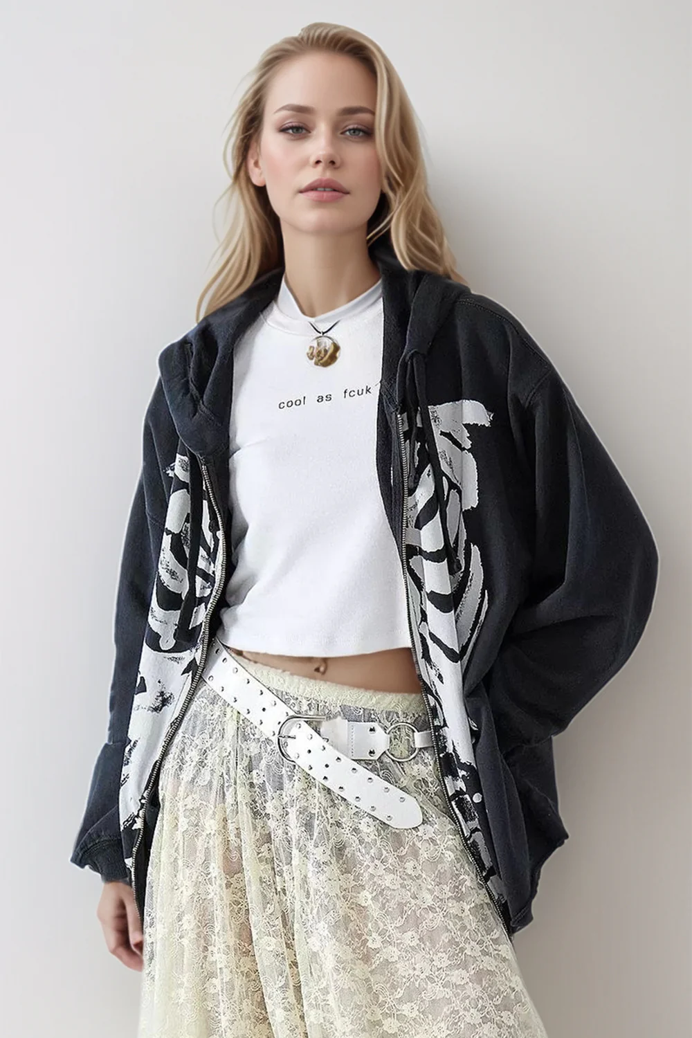 Skeleton Zip Up Drawstring Hoodie - Image 5