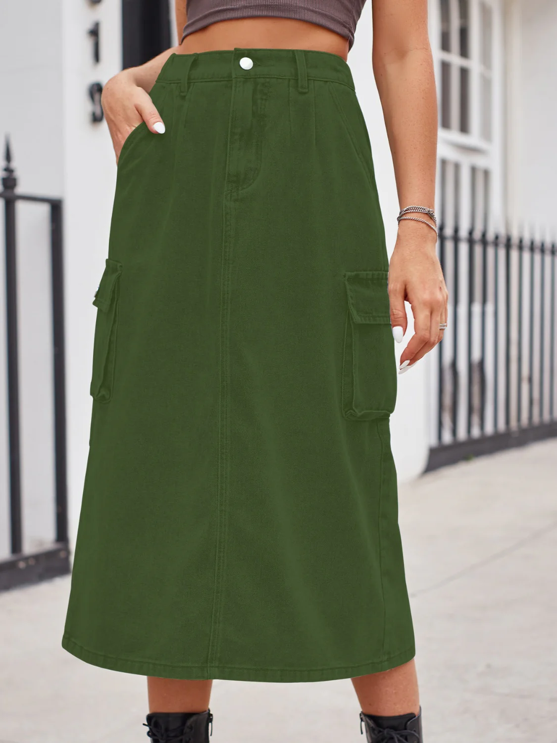 Slit Buttoned Denim Skirt with Pockets - Image 6