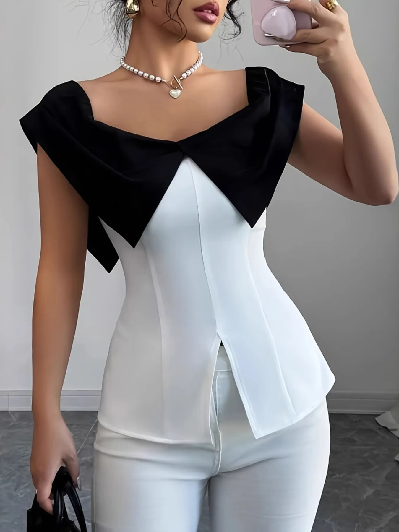 Slit Contrast Cap Sleeve Blouse - Image 2