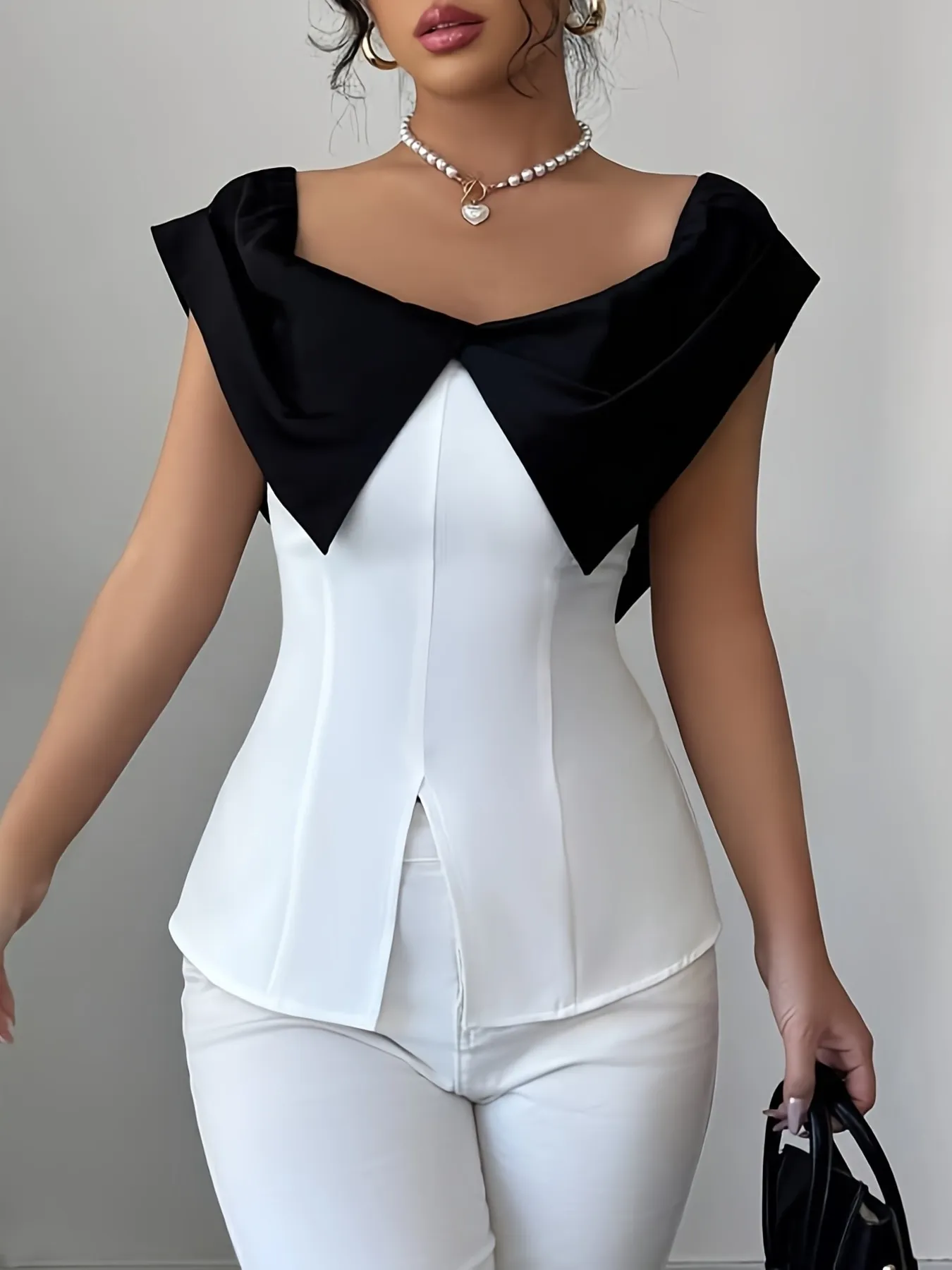 Slit Contrast Cap Sleeve Blouse - Image 5