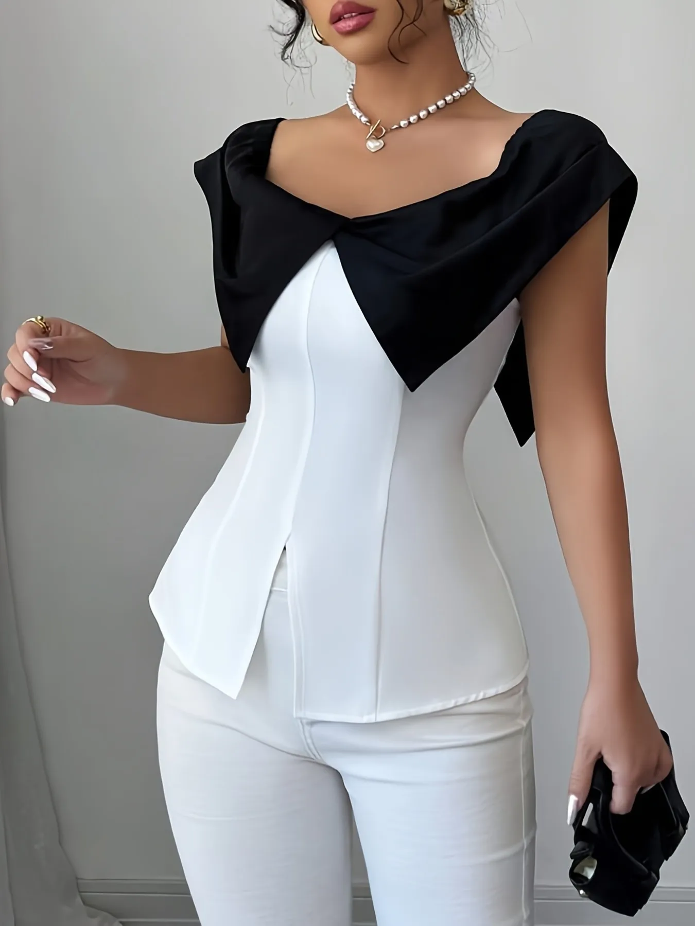 Slit Contrast Cap Sleeve Blouse - Image 6