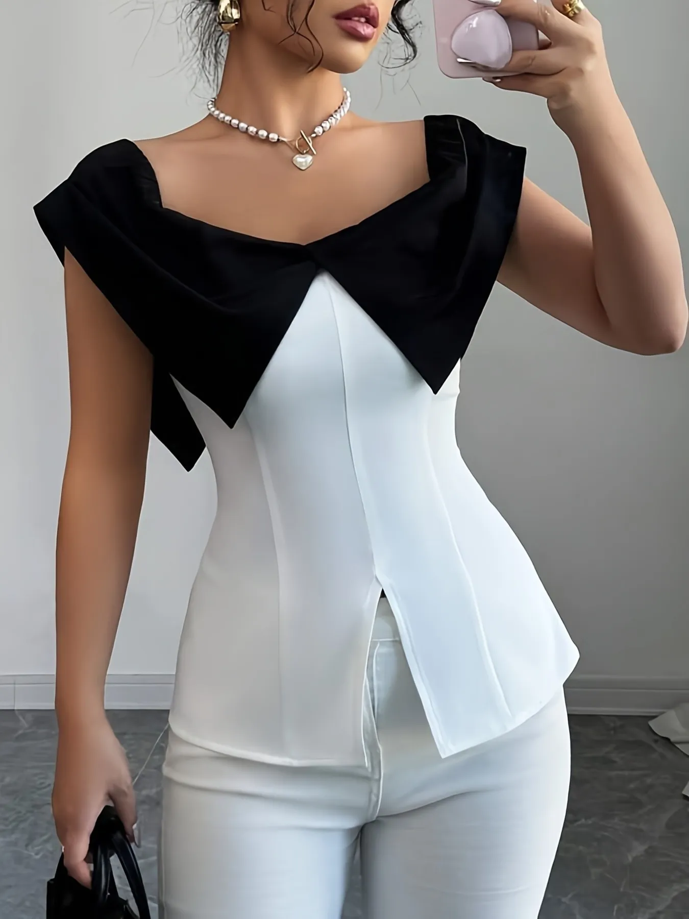 Slit Contrast Cap Sleeve Blouse - Image 7