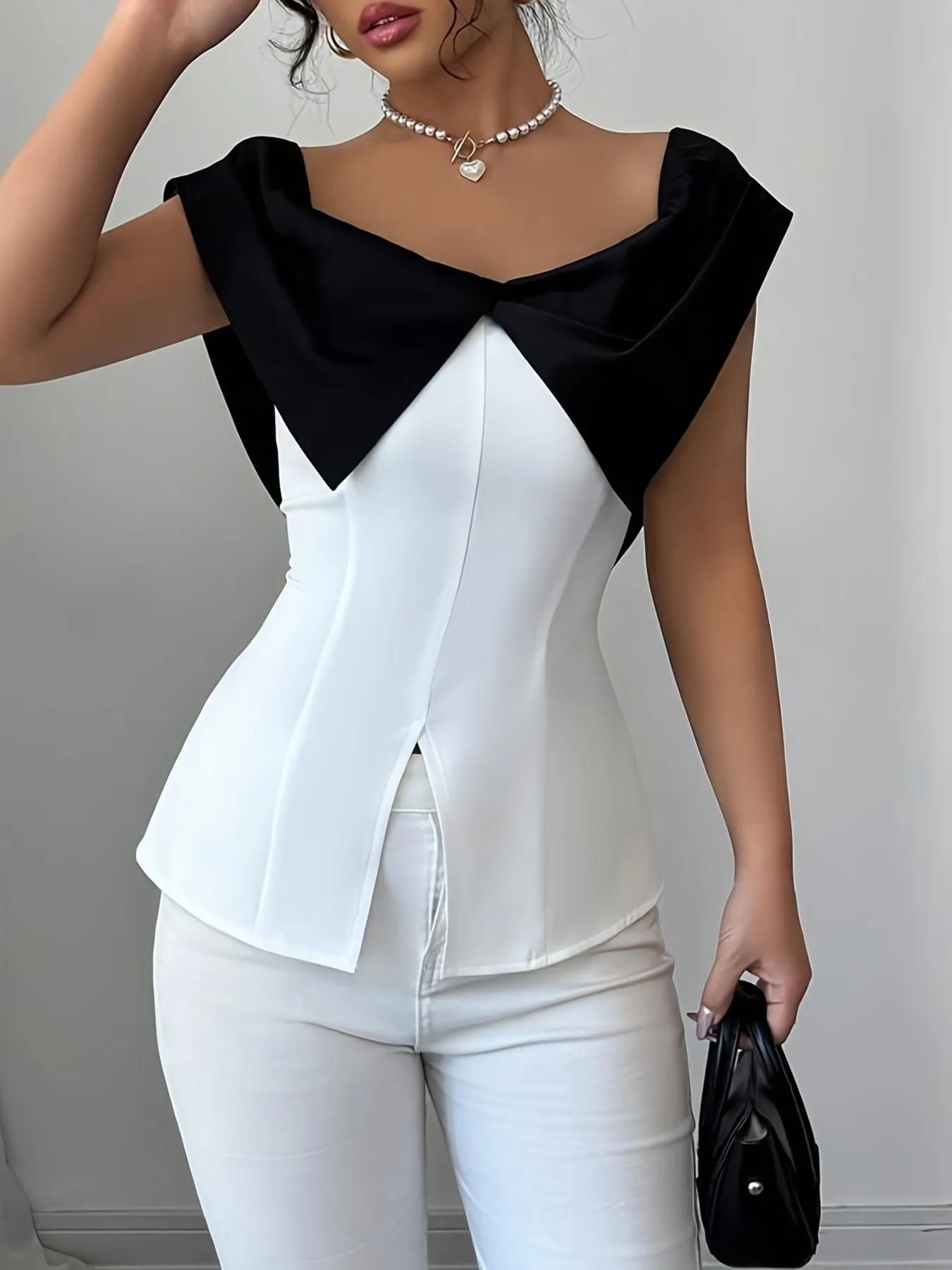 Slit Contrast Cap Sleeve Blouse - Image 8