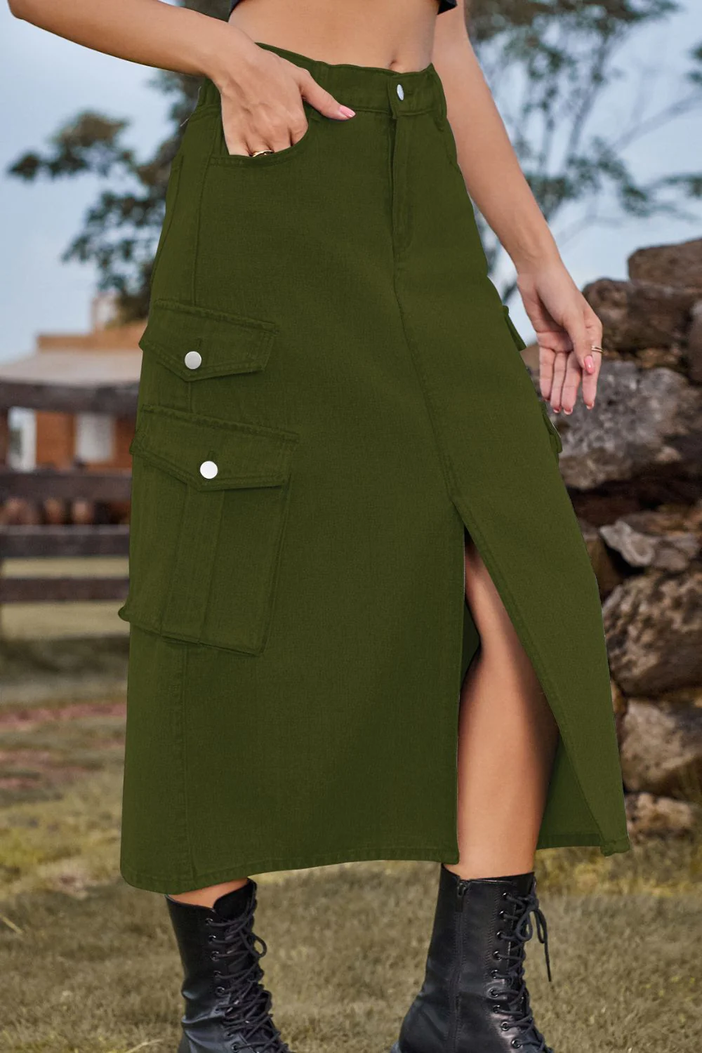 Slit Front Midi Denim Skirt with Pockets - Image 10