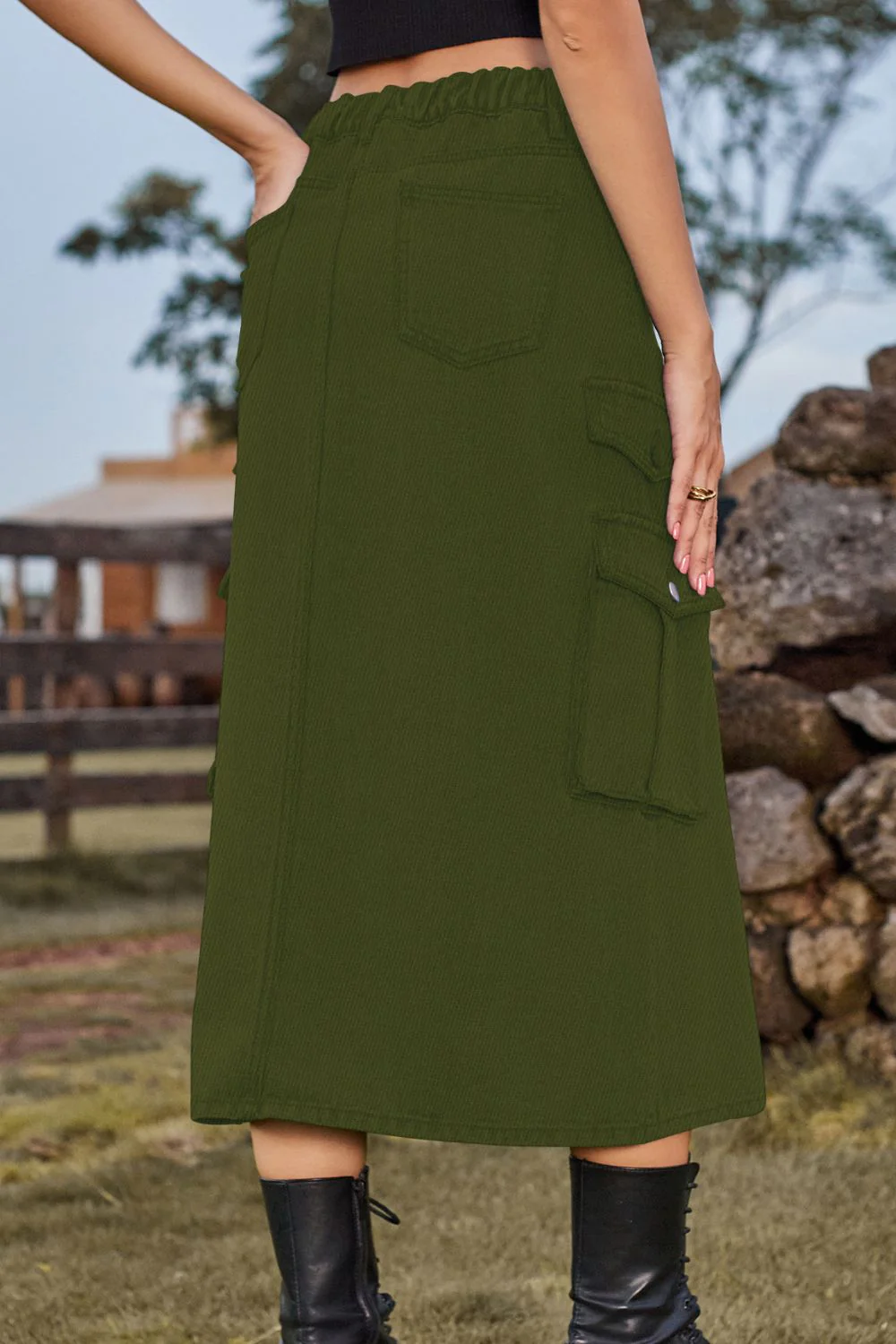 Slit Front Midi Denim Skirt with Pockets - Image 11