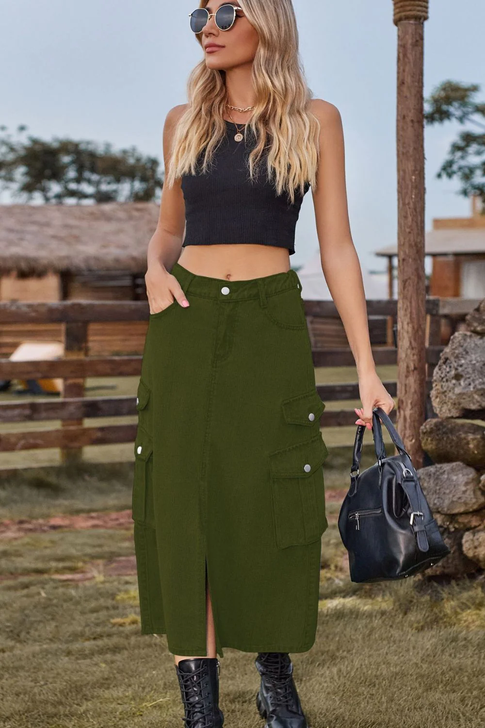 Slit Front Midi Denim Skirt with Pockets - Image 12