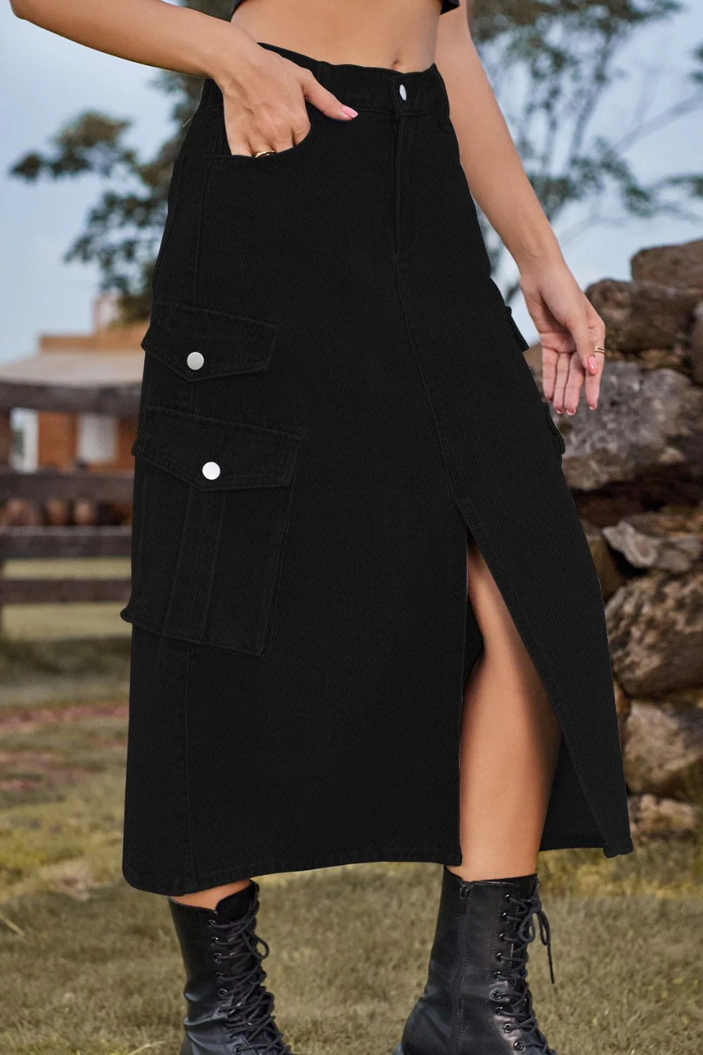 Slit Front Midi Denim Skirt with Pockets - Image 14