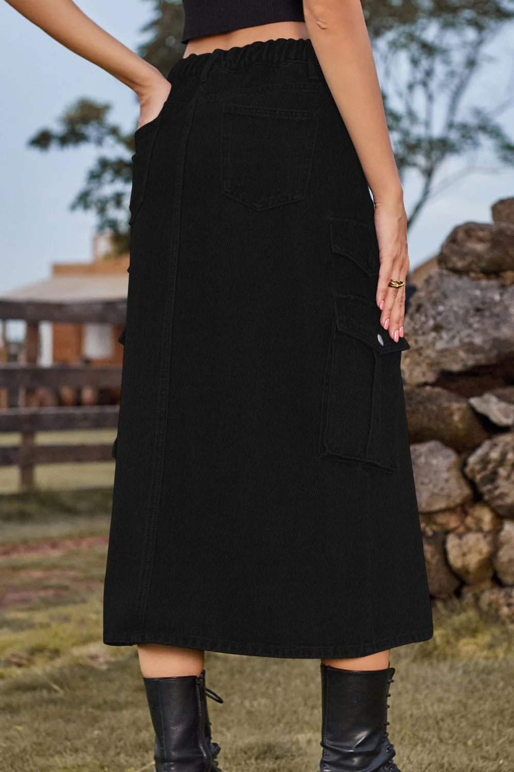 Slit Front Midi Denim Skirt with Pockets - Image 15