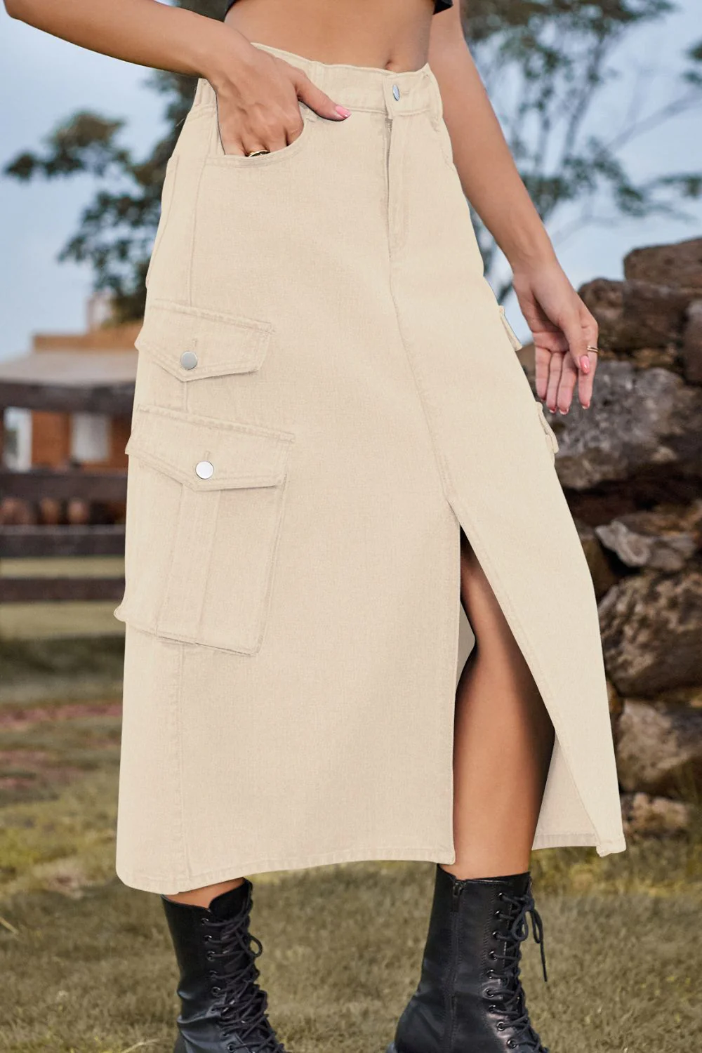 Slit Front Midi Denim Skirt with Pockets - Image 6