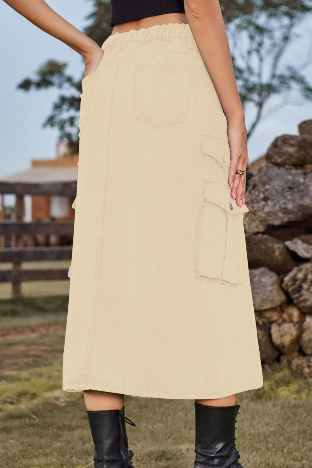 Slit Front Midi Denim Skirt with Pockets - Image 7