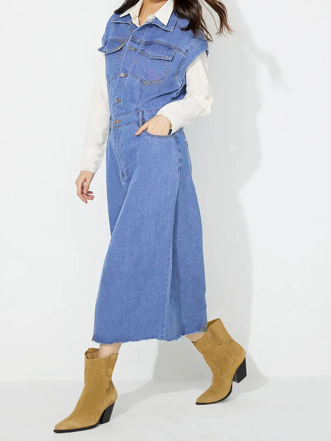Slit Half Button Collared Neck Cap Sleeve Denim Dress - Image 12