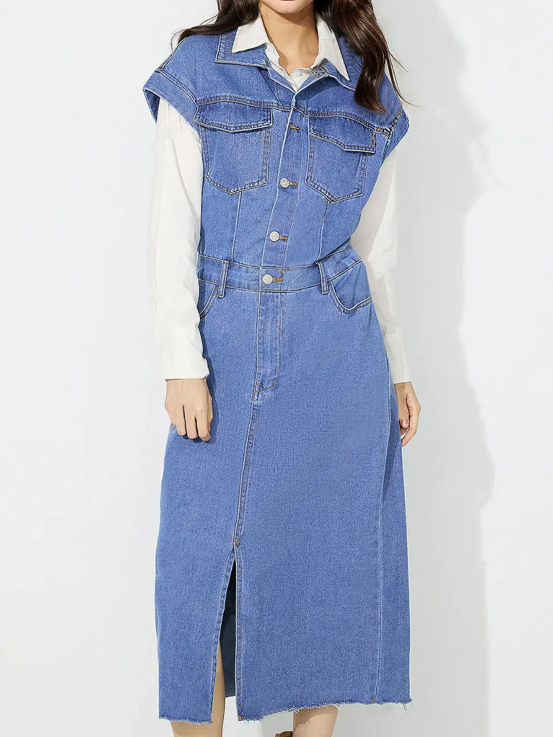 Slit Half Button Collared Neck Cap Sleeve Denim Dress - Image 13
