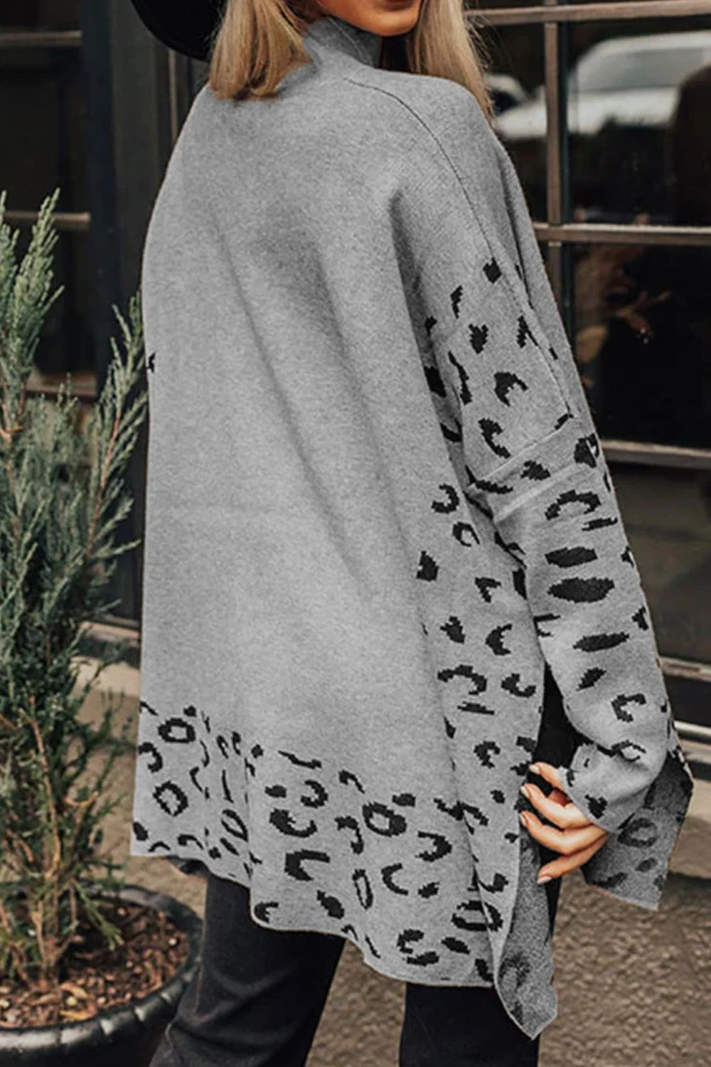 Slit Leopard Mock Neck Dropped Shoulder Sweater - Image 10