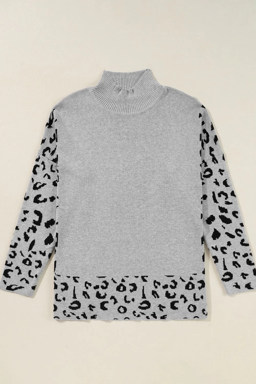 Slit Leopard Mock Neck Dropped Shoulder Sweater - Image 11