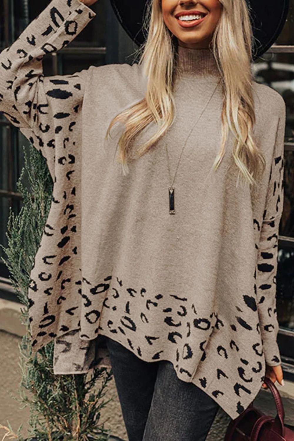 Slit Leopard Mock Neck Dropped Shoulder Sweater - Image 2