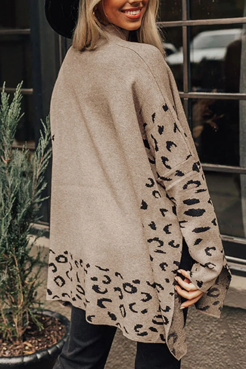 Slit Leopard Mock Neck Dropped Shoulder Sweater - Image 3