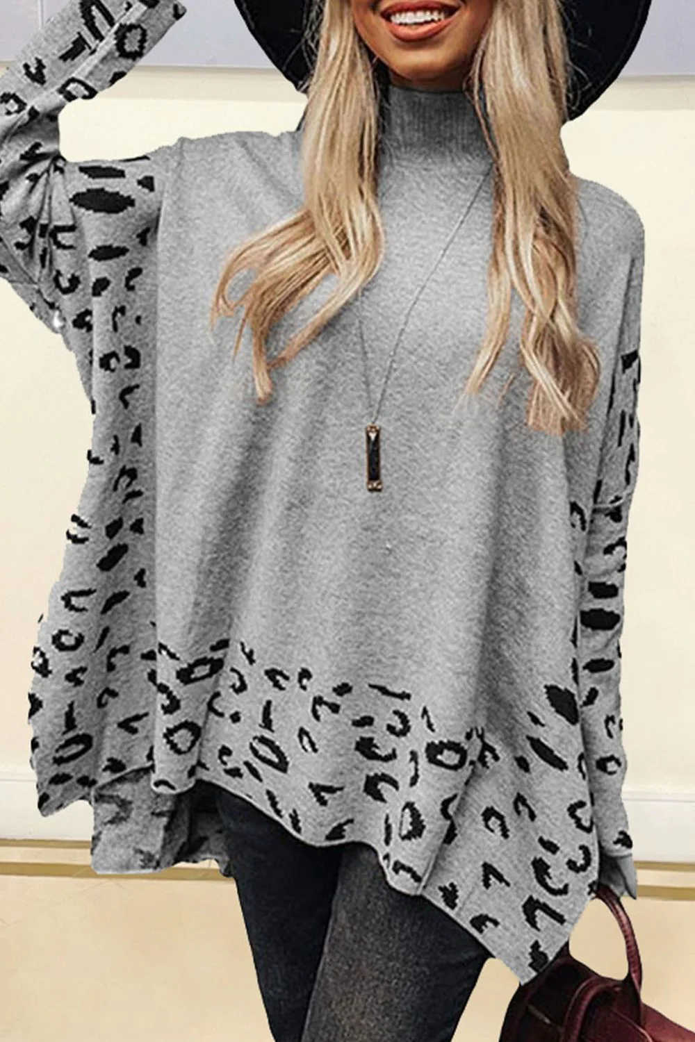 Slit Leopard Mock Neck Dropped Shoulder Sweater - Image 9