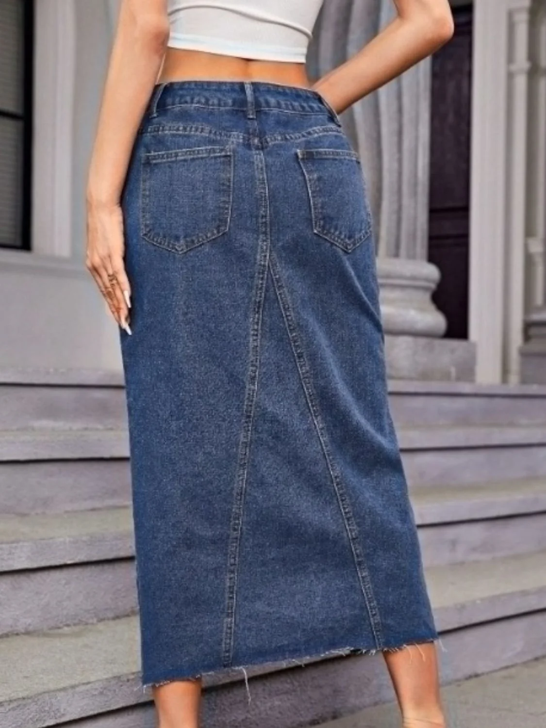 Slit Midi Denim Skirt with Pockets - Image 2