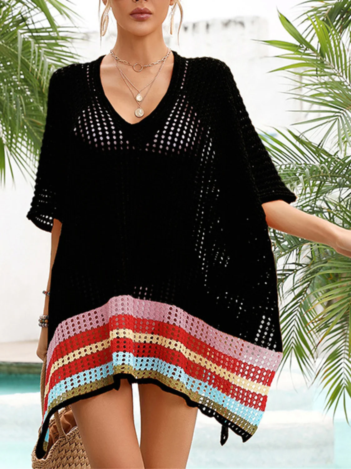 Slit Openwork V-Neck Half Sleeve Cover-Up - Image 14