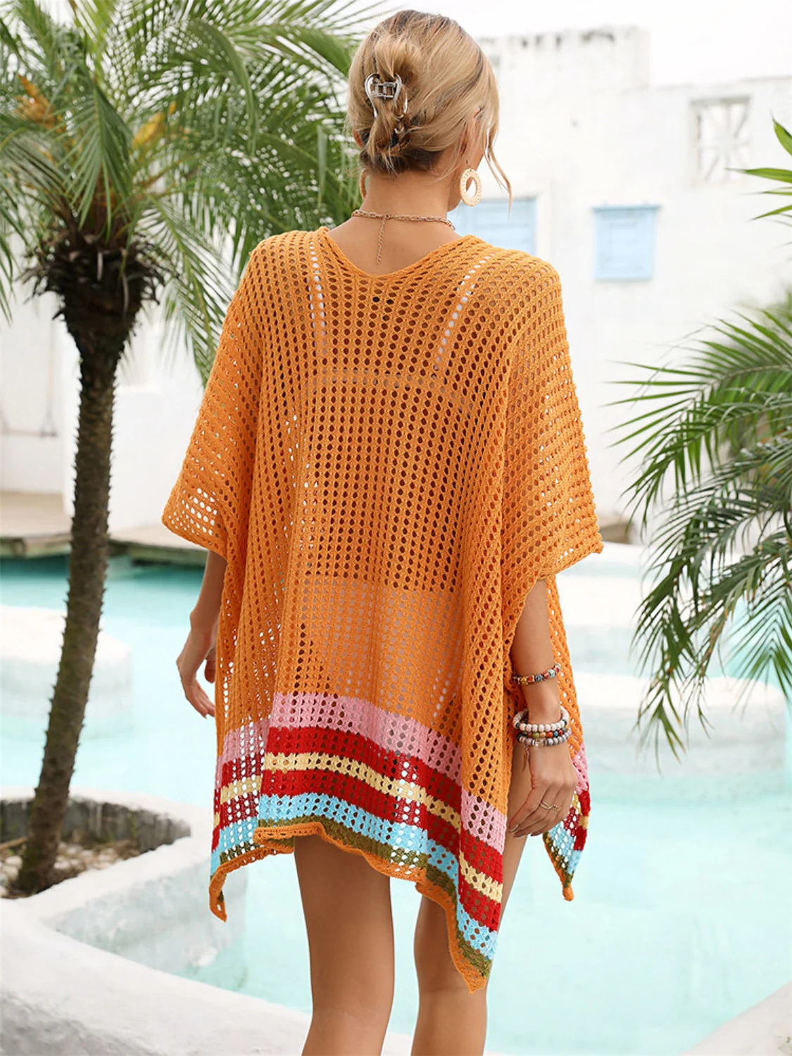 Slit Openwork V-Neck Half Sleeve Cover-Up - Image 2