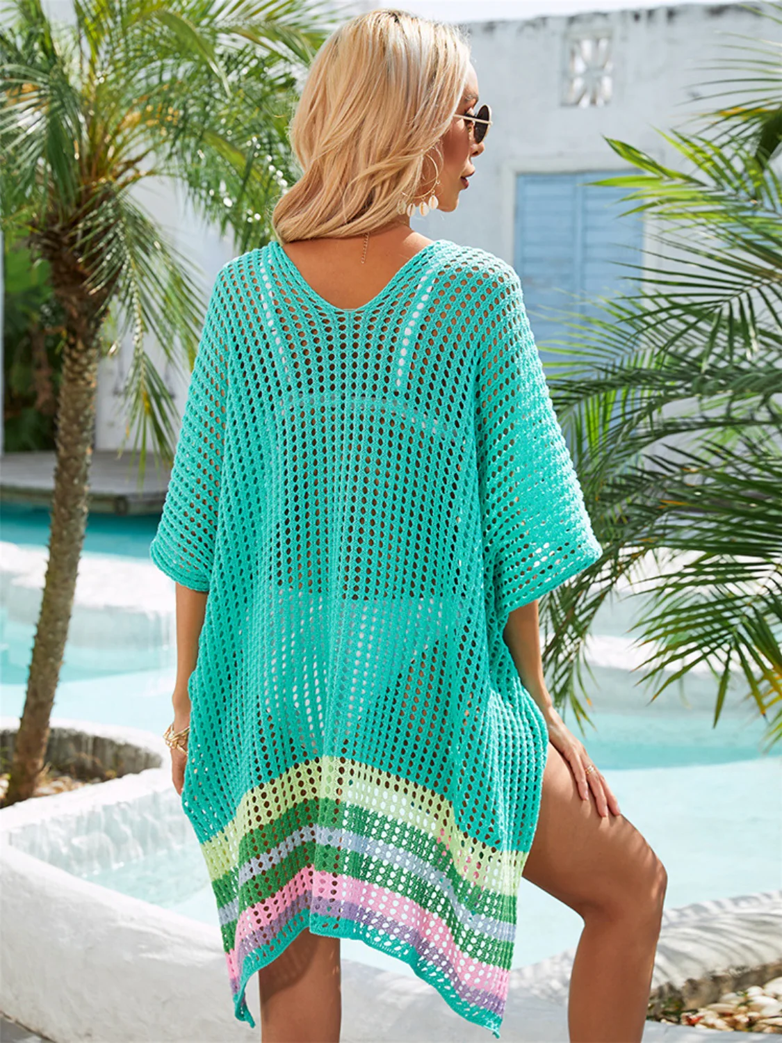 Slit Openwork V-Neck Half Sleeve Cover-Up - Image 9