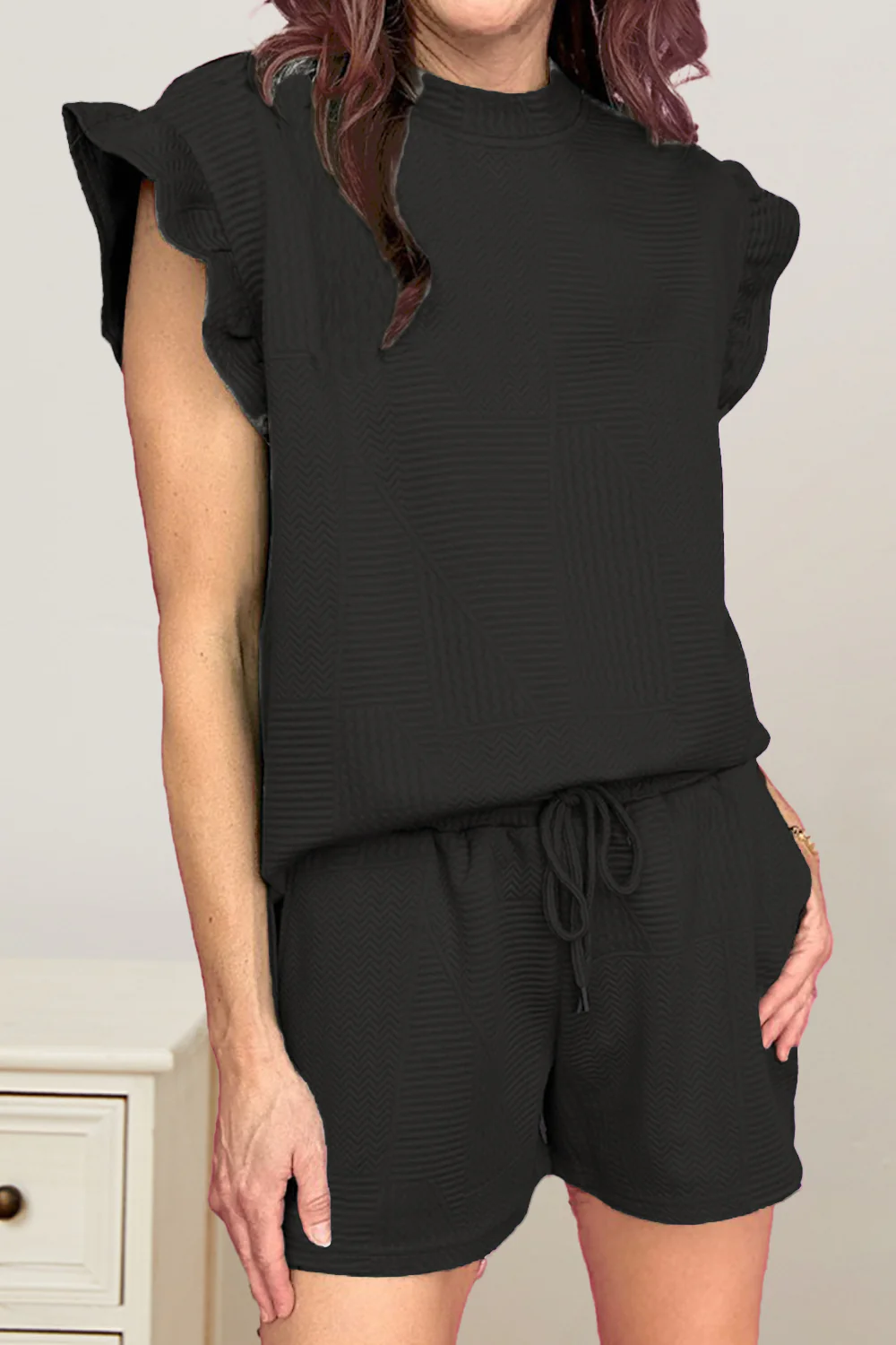 Slit Round Neck Top and Drawstring Shorts Set - Image 5