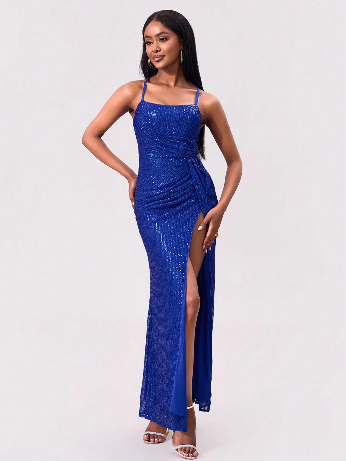 Slit Sequin Square Neck Spaghetti Strap Dress - Image 4