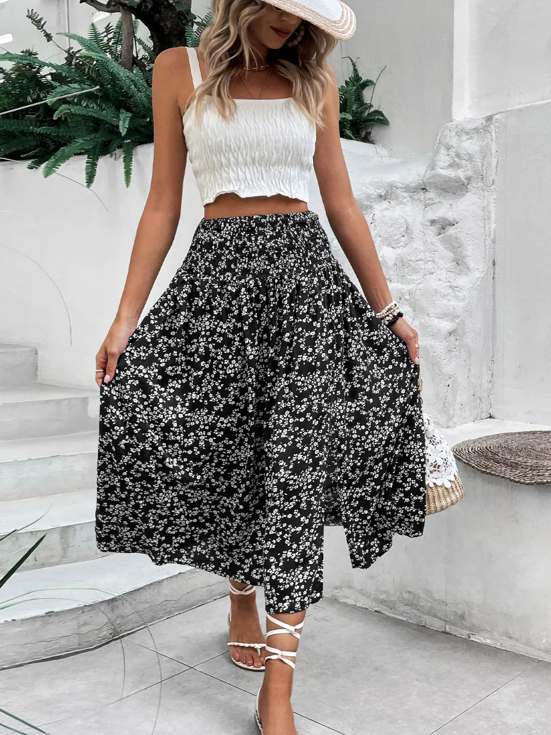 Slit Smocked Printed Skirt - Image 10