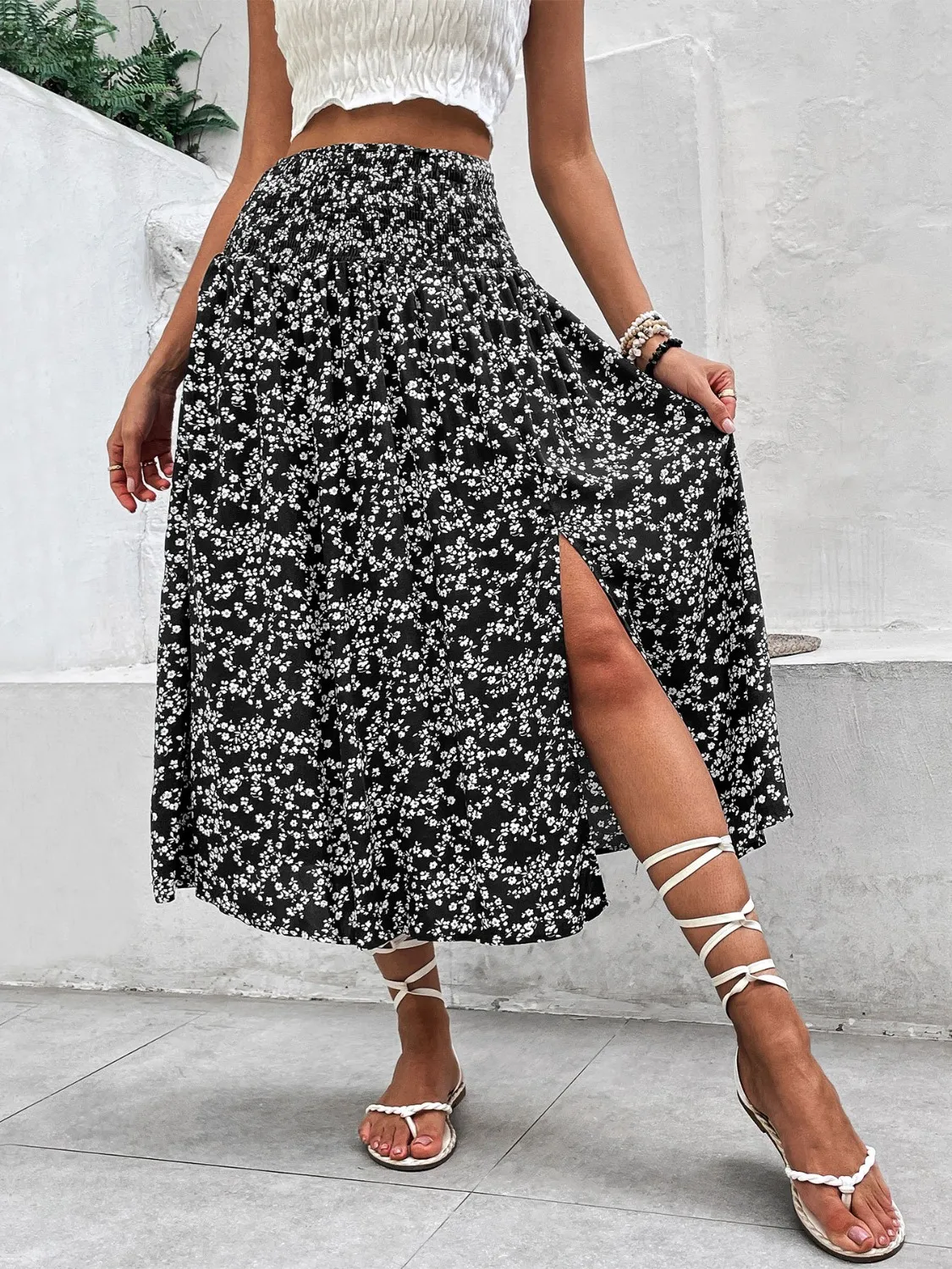 Slit Smocked Printed Skirt - Image 7