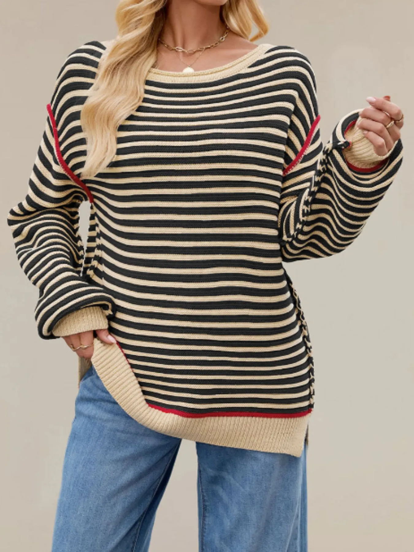 Slit Striped Oversized Sweater - Image 4