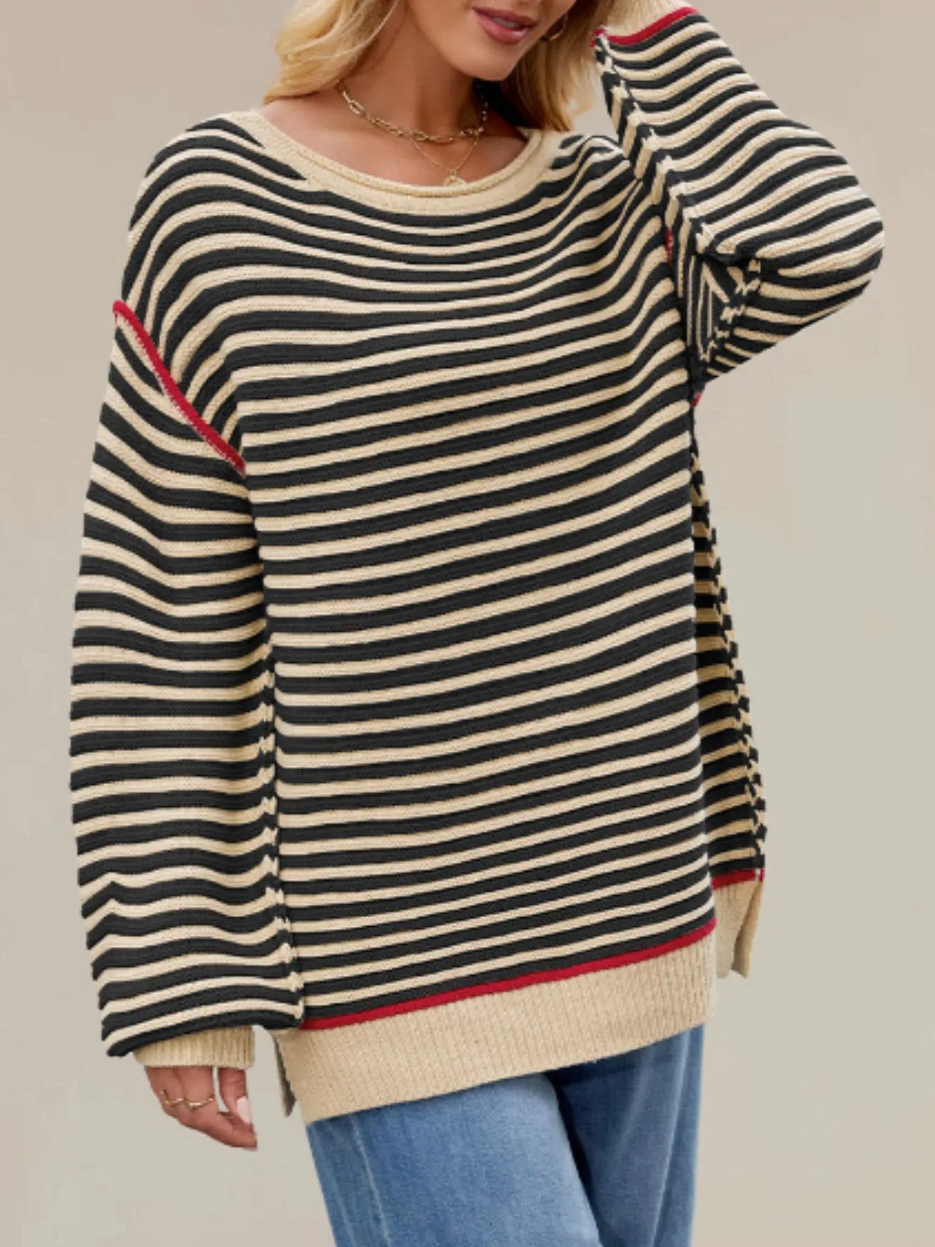 Slit Striped Oversized Sweater - Image 6