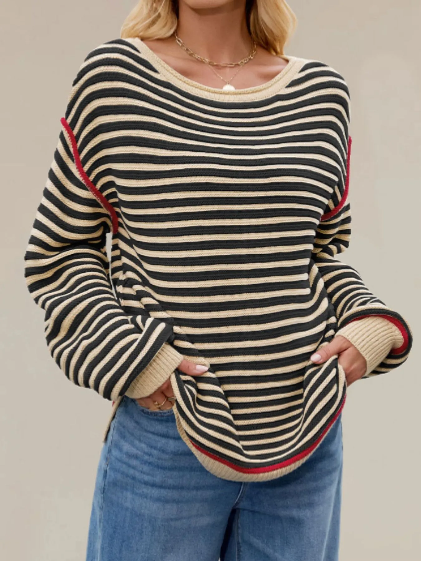 Slit Striped Oversized Sweater - Image 7