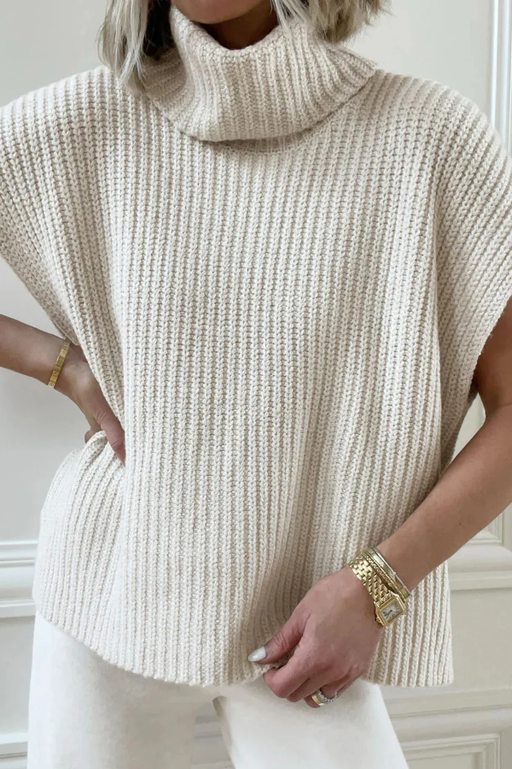 Slit Turtleneck Cap Sleeve Sweater - Image 10