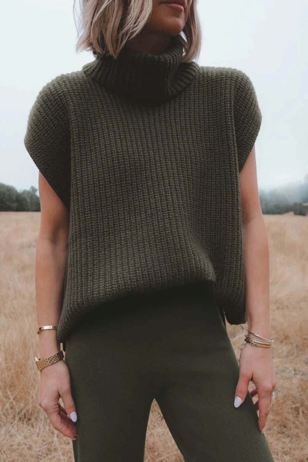 Slit Turtleneck Cap Sleeve Sweater - Image 5