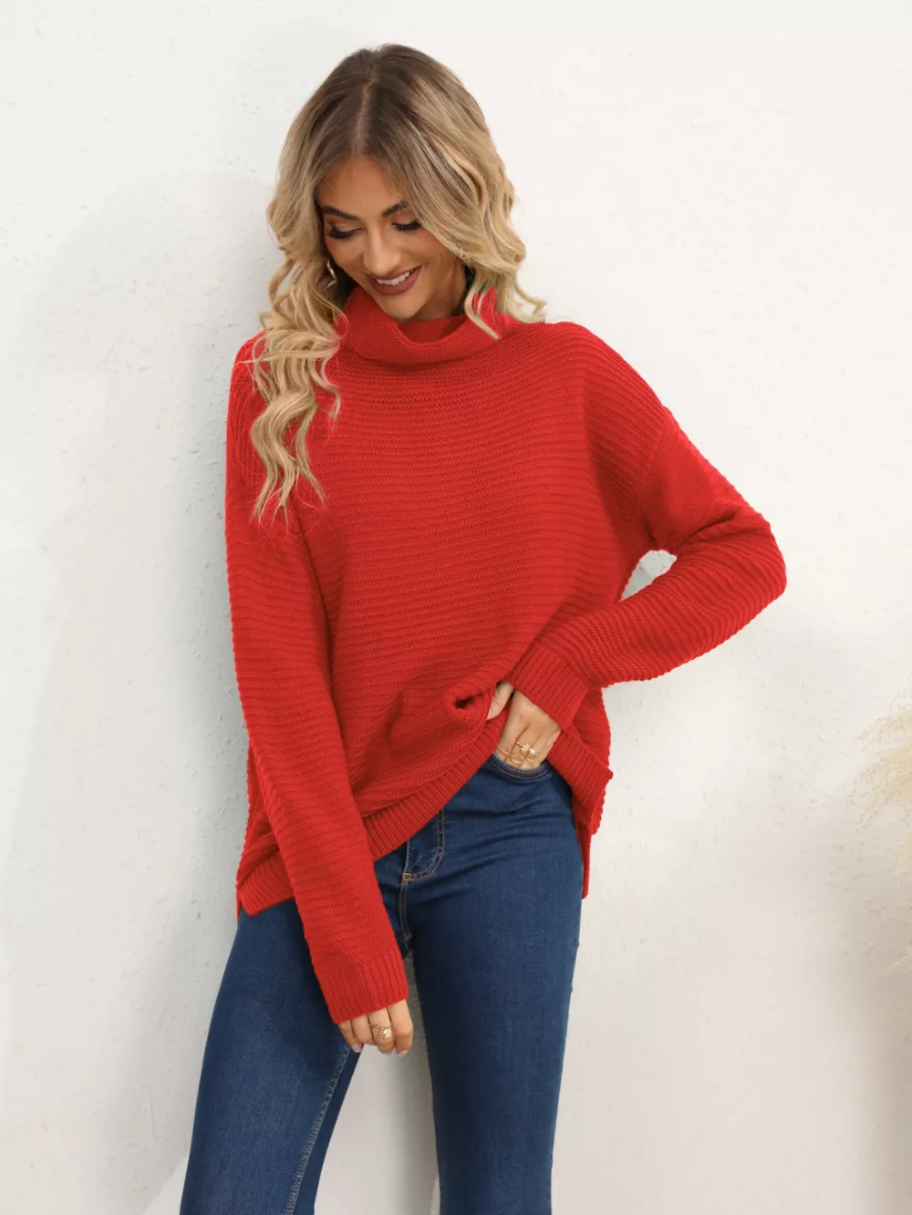 Slit Turtleneck Dropped Shoulder Sweater - Image 10