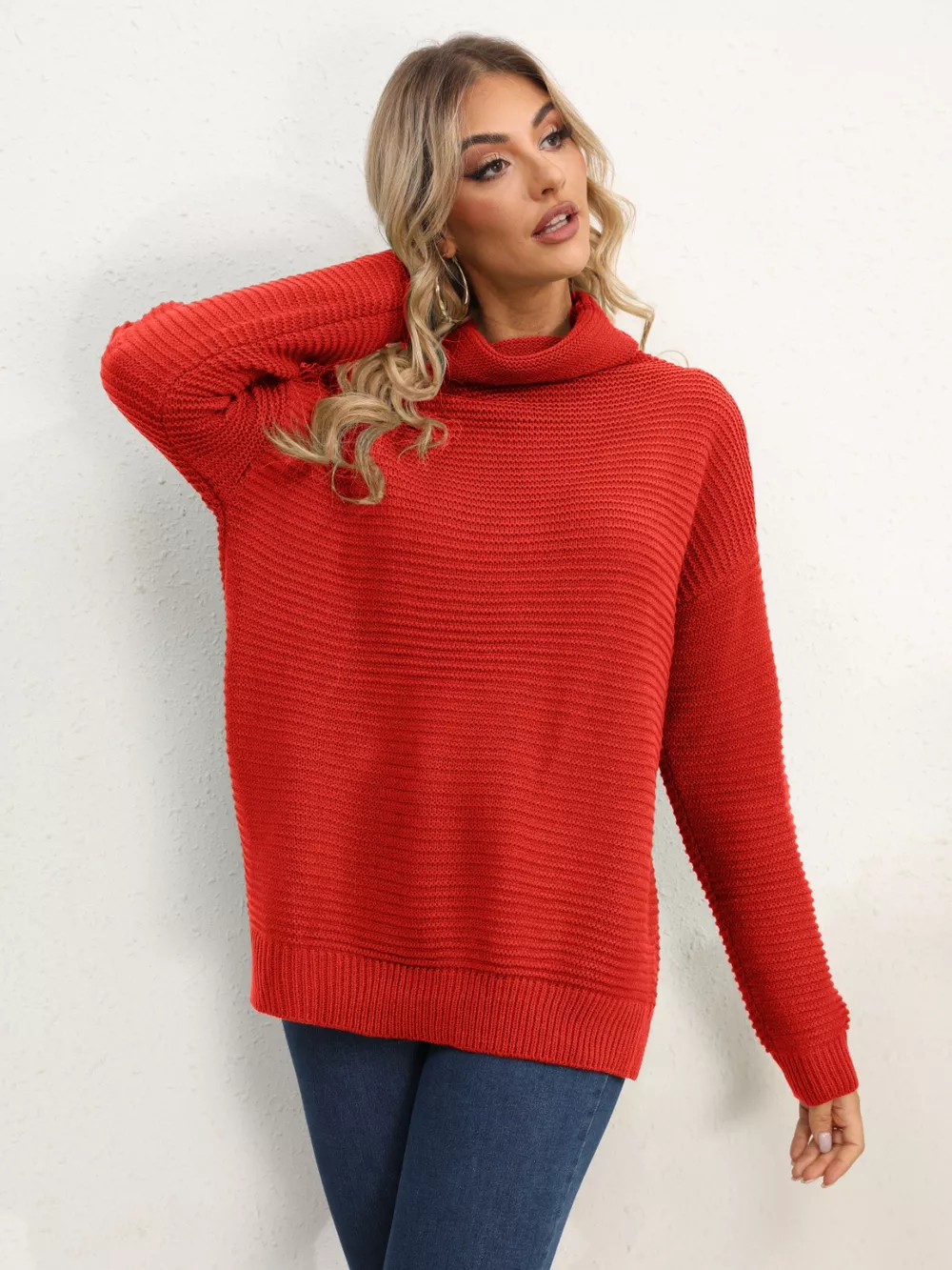 Slit Turtleneck Dropped Shoulder Sweater - Image 11