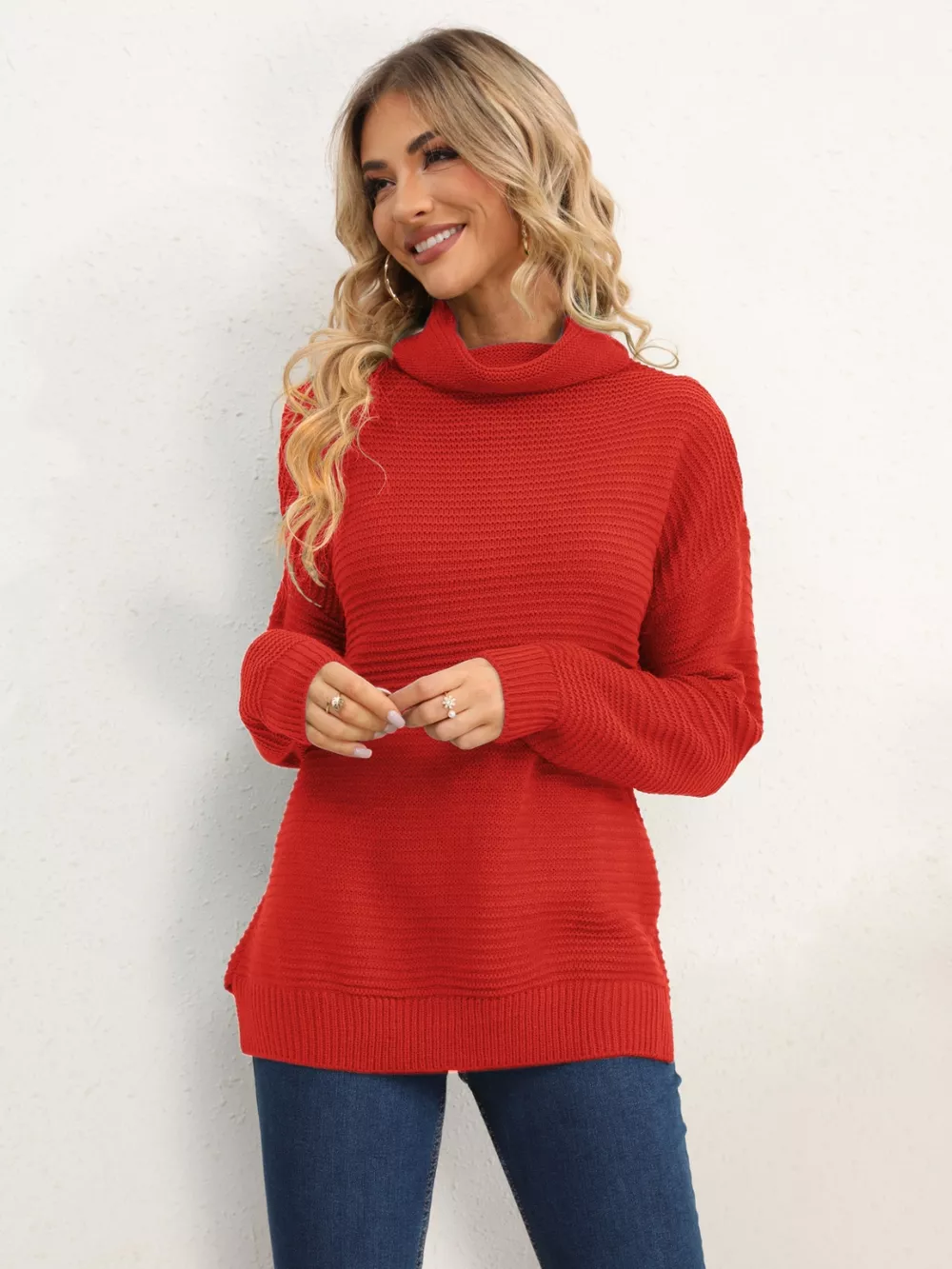 Slit Turtleneck Dropped Shoulder Sweater - Image 12