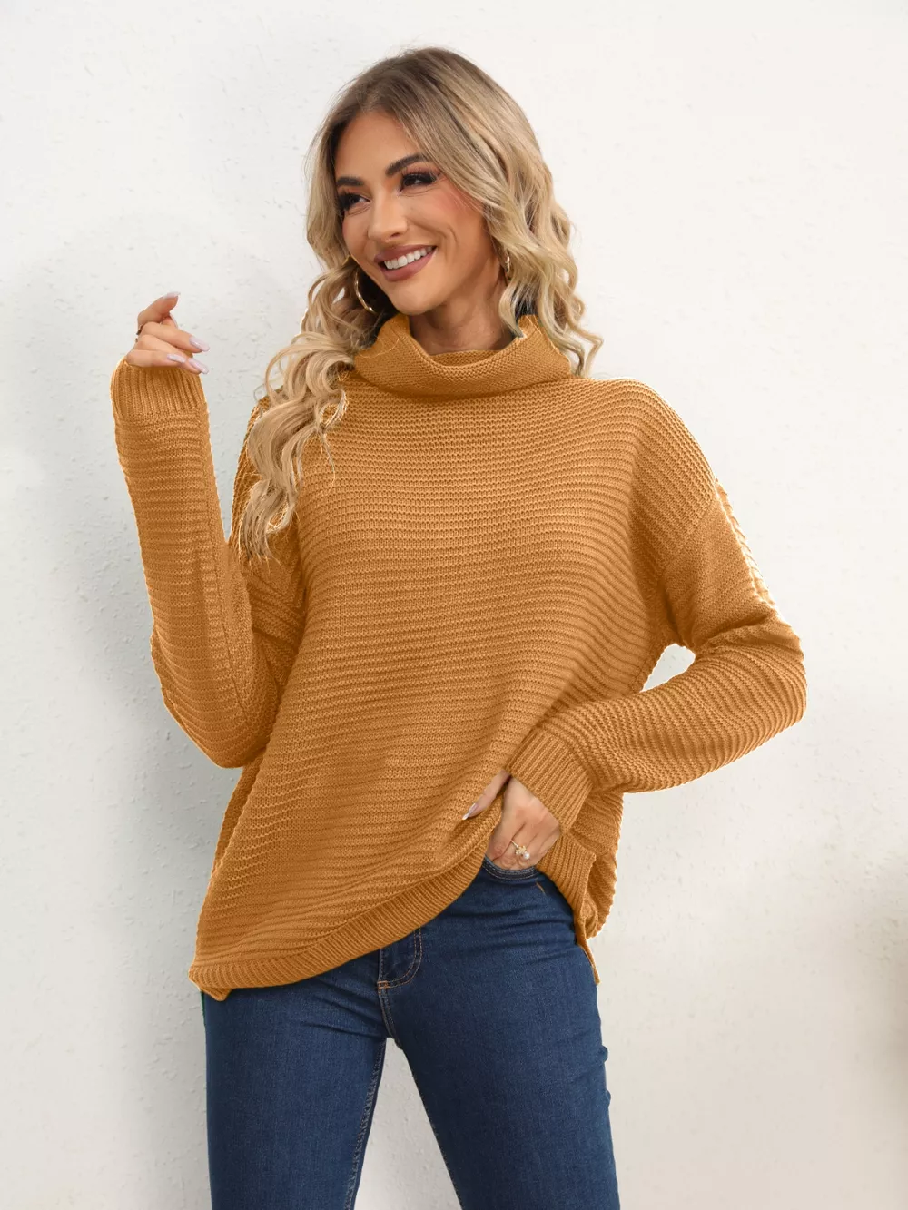 Slit Turtleneck Dropped Shoulder Sweater - Image 13
