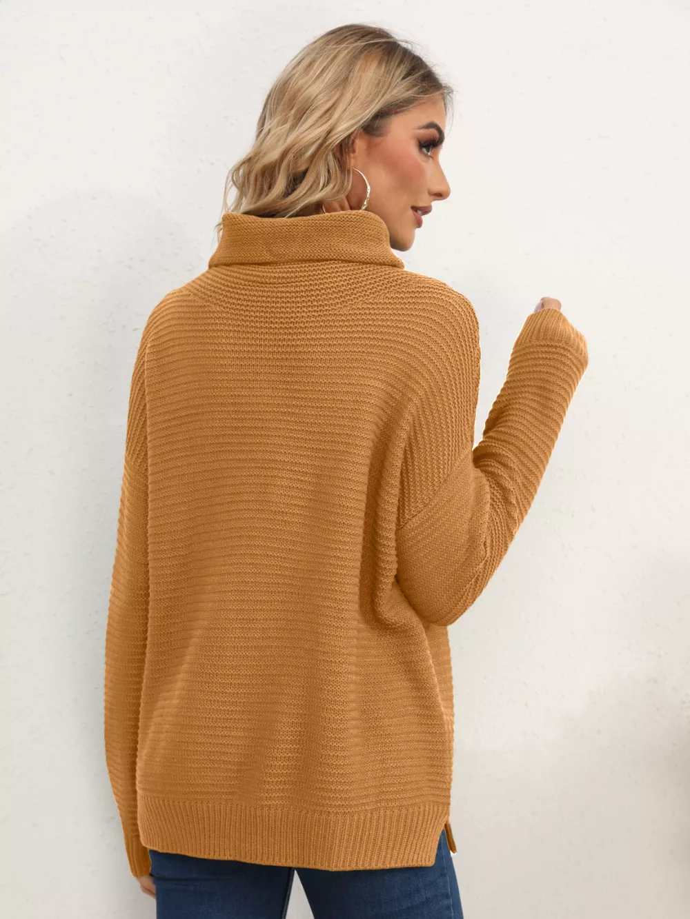 Slit Turtleneck Dropped Shoulder Sweater - Image 14