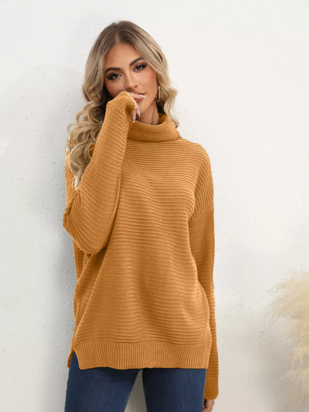 Slit Turtleneck Dropped Shoulder Sweater - Image 15