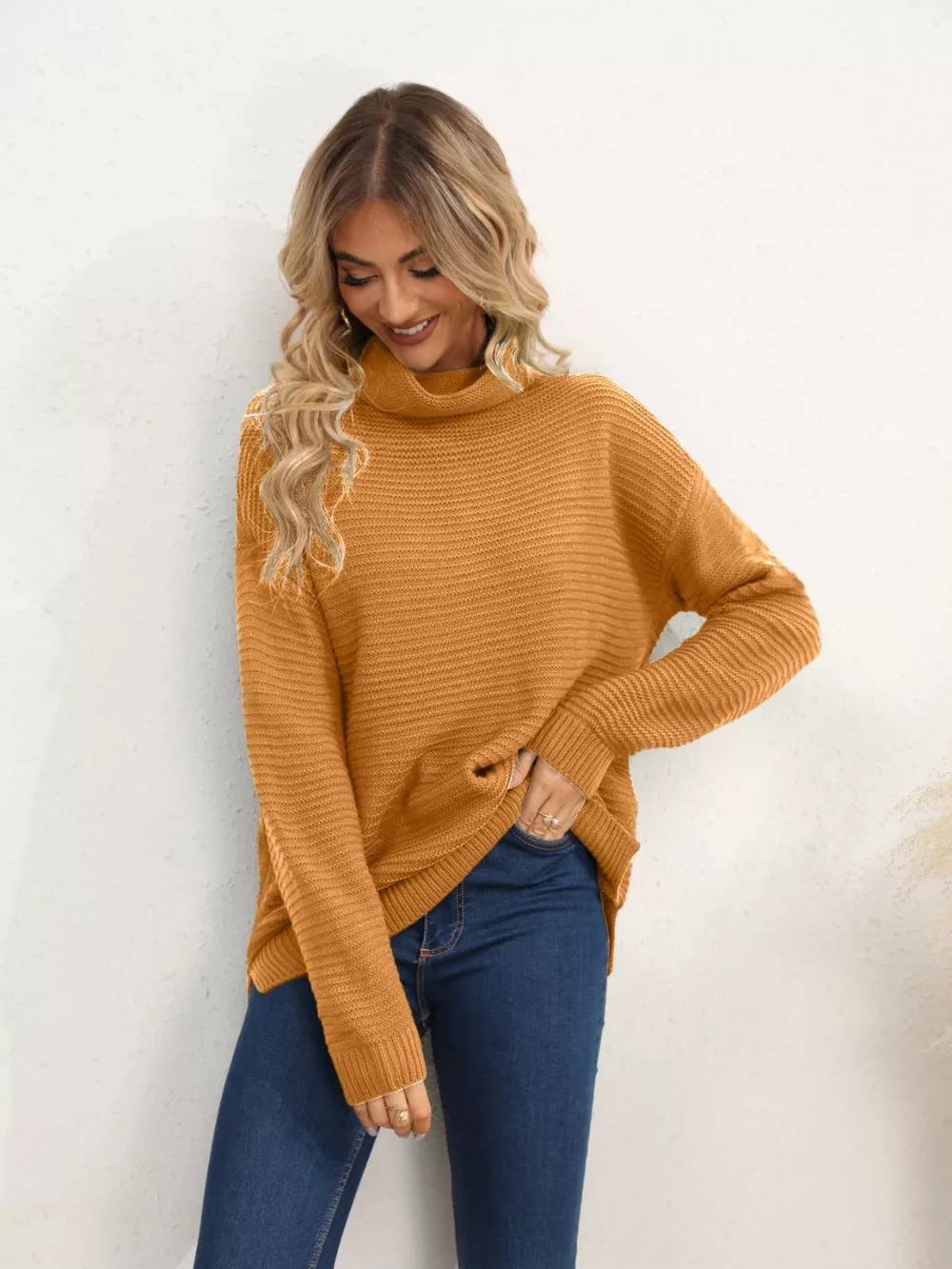 Slit Turtleneck Dropped Shoulder Sweater - Image 16