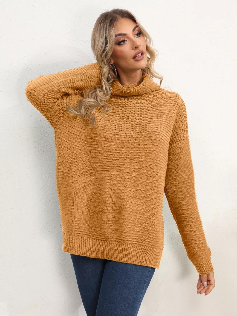Slit Turtleneck Dropped Shoulder Sweater - Image 17