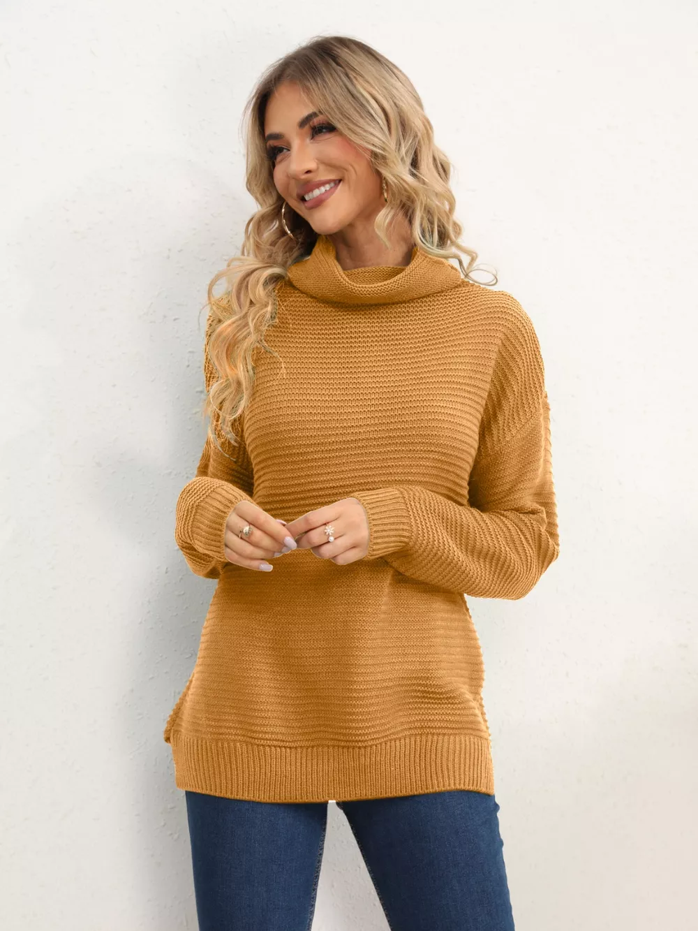 Slit Turtleneck Dropped Shoulder Sweater - Image 18