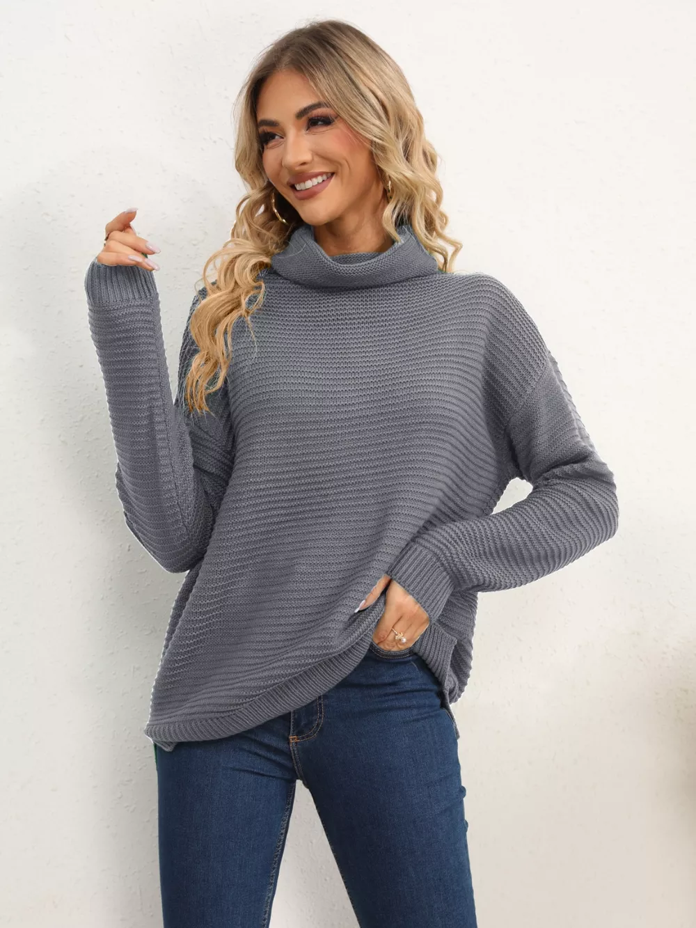 Slit Turtleneck Dropped Shoulder Sweater - Image 19