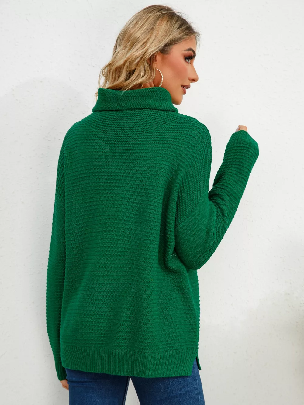 Slit Turtleneck Dropped Shoulder Sweater - Image 2