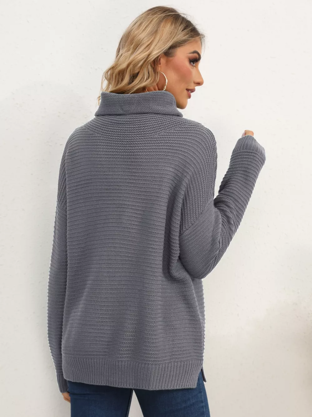 Slit Turtleneck Dropped Shoulder Sweater - Image 20