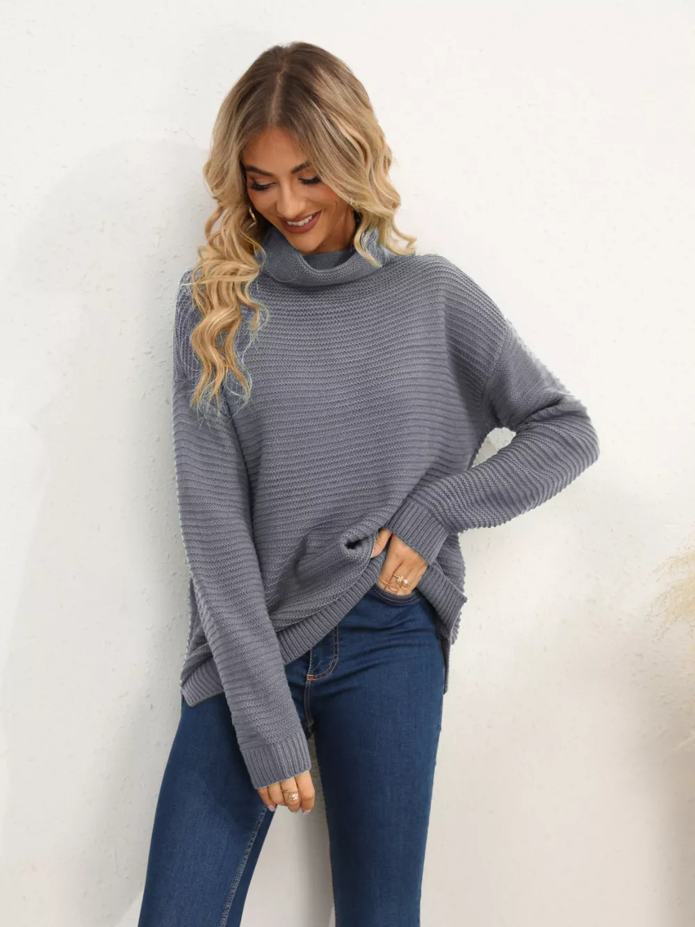 Slit Turtleneck Dropped Shoulder Sweater - Image 22